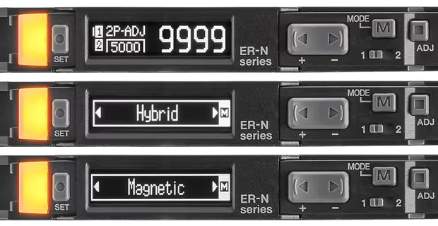 Amplificador de la Serie ER-N mostrando su pantalla OLED con un valor numérico y los menús Hybrid y Magnetic