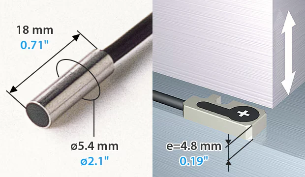 Cabezales del EX-V que ahorran espacio: modelo cilíndrico de ø5,4 mm y modelo plano de 4,8 mm de espesor