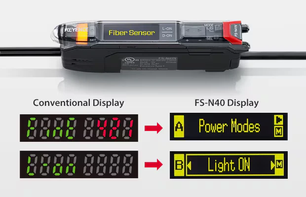 Comparación entre una pantalla de segmentos convencional y la pantalla OLED del FS-N40, que muestra «Power Modes» y «Light ON»