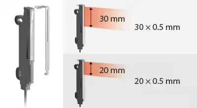 El FU-E40 con hendidura metálica: anchuras de detección de 30 × 0,5 mm y 20 × 0,5 mm