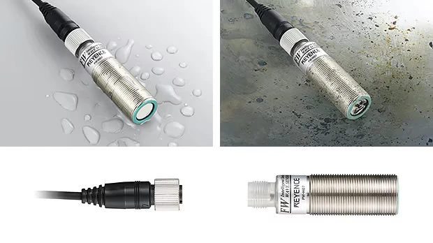 Cabezales FW con gotas de agua y con suciedad, y el conector desmontable, todos con grado de protección IP67