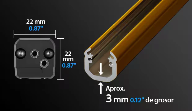 Sección de la GL-V: cuerpo de 22 × 22 mm con carcasa de aluminio de 3 mm de grosor