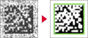 HR-X decodificando un código sobre fondo rugoso (antes y después)