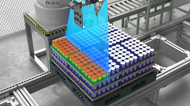 Perfilómetro láser escaneando un pallet cargado