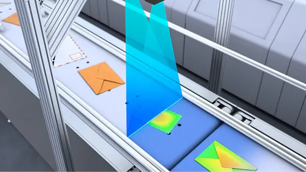 Perfilómetro láser clasificando correo por tamaño y espesor