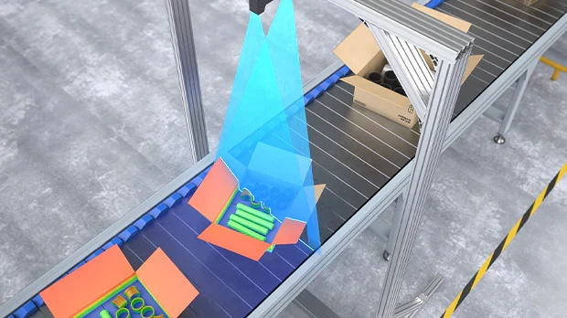 Perfilómetro láser midiendo el espacio vacío dentro de una caja de cartón
