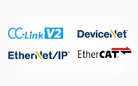 Logos de las redes de campo abierto compatibles: CC-Link, DeviceNet, EtherNet/IP y EtherCAT