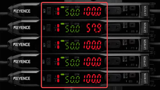Cinco amplificadores PS-N mostrando su estado en tiempo real; el que tiene el error se identifica de un vistazo