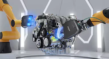 Sensor láser de captura instantánea 3D Keyence LJ-S8000 inspeccionando un motor con brazos robóticos