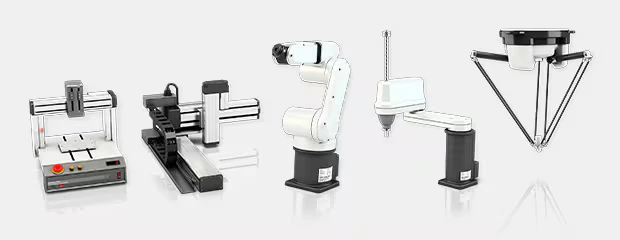 Variedad de robots compatibles con la robótica guiada por visión 2D de Keyence: cartesianos, SCARA, articulados y delta