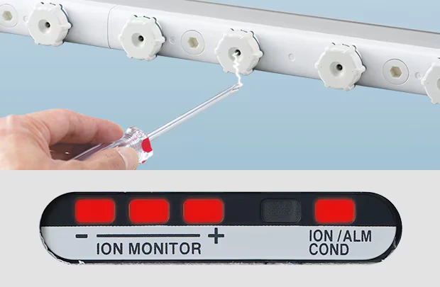 Sonda del SJ-H en limpieza y barra LED de alarma en rojo indicando una anomalía