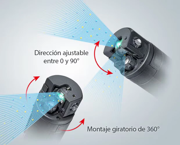 El SJ-LM ofrece dirección ajustable entre 0 y 90° y montaje giratorio de 360° para eliminar estática desde cualquier ángulo