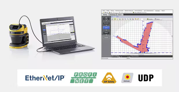 Escáner SZ-V conectado a una notebook con el software de configuración de zonas y los protocolos EtherNet/IP, PROFINET, CIP Safety, PROFIsafe y UDP