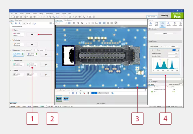 Software del VS: programación por íconos tipo diagrama de flujo, visor de imagen y panel de resultados con gráficos